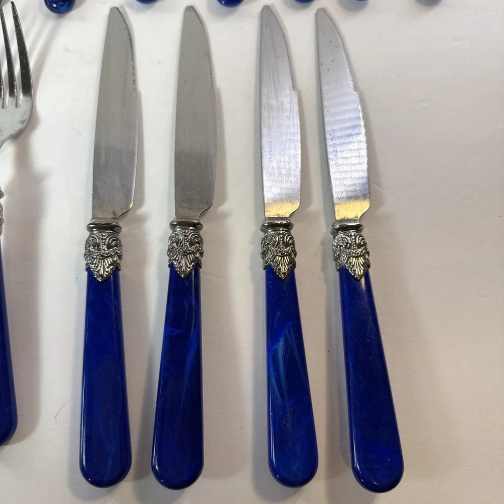 Vtg Blue Marbled Swirl Acrylic Handle Silverware Stainless Flatware Forks Spoons